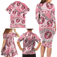 Japanese Daruma Doll Palaka Family Matching Long Sleeve Bodycon Dress and Hawaiian Shirt Cherry Blossoms With Shell Lei LT14 - Polynesian Pride