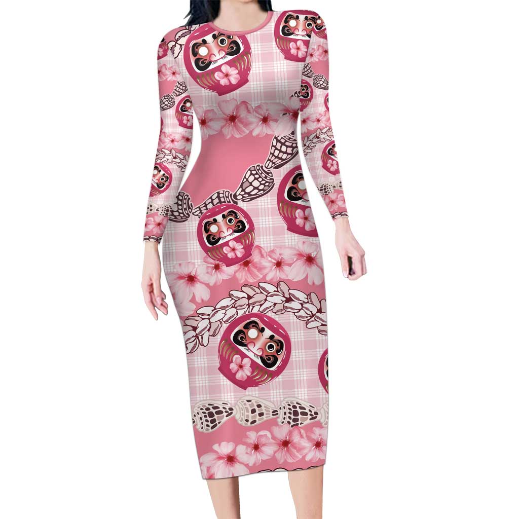 Japanese Daruma Doll Palaka Family Matching Long Sleeve Bodycon Dress and Hawaiian Shirt Cherry Blossoms With Shell Lei LT14 Mom's Dress Pink - Polynesian Pride