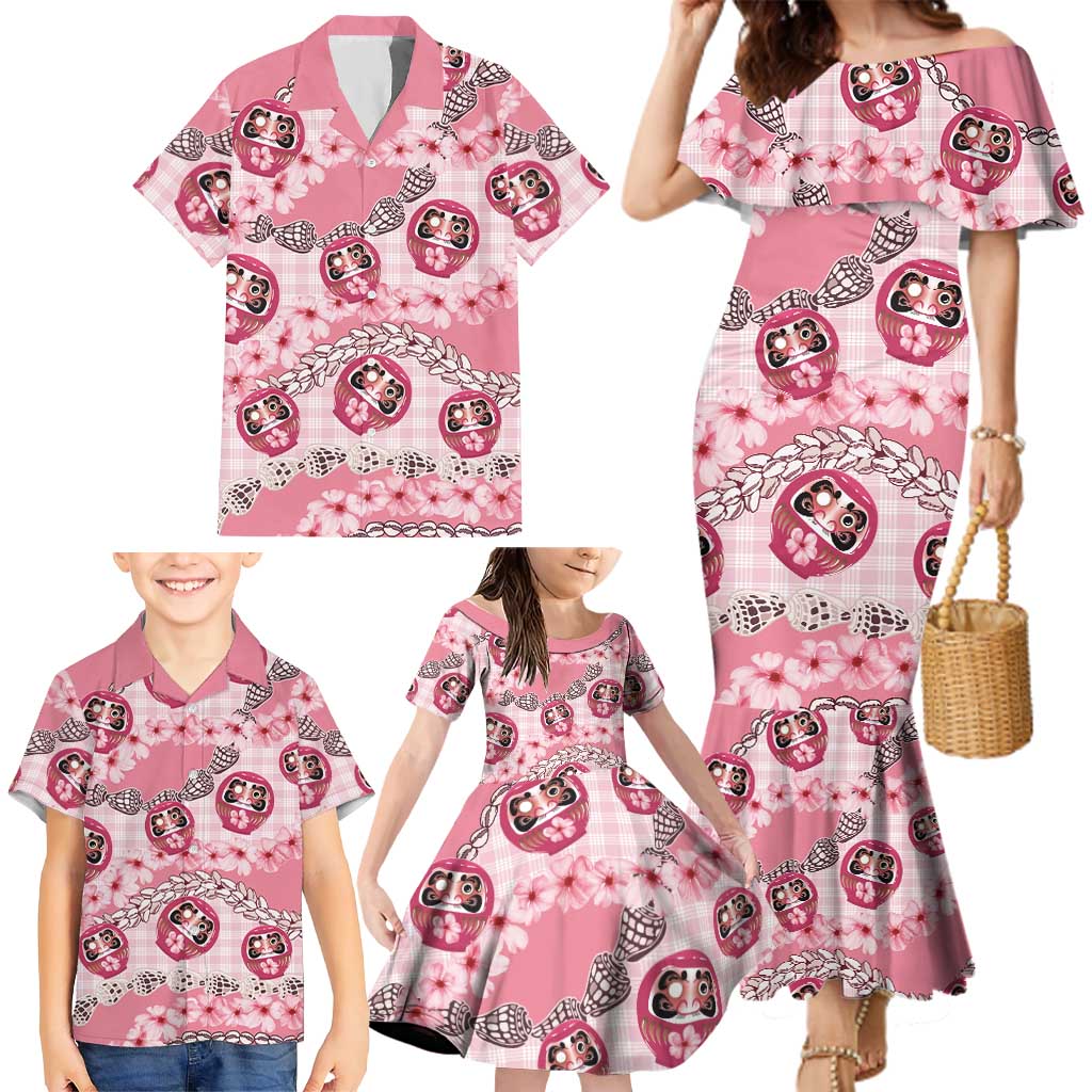 Japanese Daruma Doll Palaka Family Matching Mermaid Dress and Hawaiian Shirt Cherry Blossoms With Shell Lei LT14 - Polynesian Pride