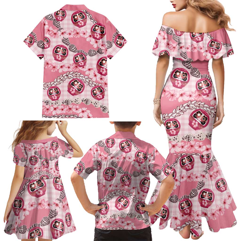 Japanese Daruma Doll Palaka Family Matching Mermaid Dress and Hawaiian Shirt Cherry Blossoms With Shell Lei LT14 - Polynesian Pride