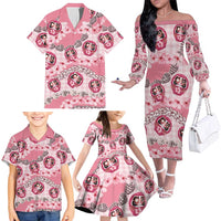 Japanese Daruma Doll Palaka Family Matching Off The Shoulder Long Sleeve Dress and Hawaiian Shirt Cherry Blossoms With Shell Lei LT14 - Polynesian Pride