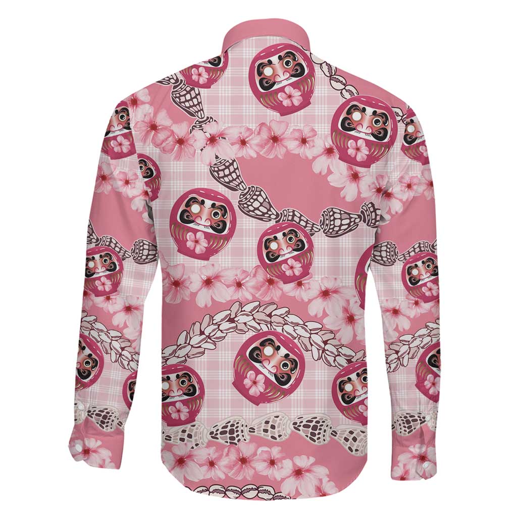 Japanese Daruma Doll Palaka Family Matching Off The Shoulder Long Sleeve Dress and Hawaiian Shirt Cherry Blossoms With Shell Lei LT14 - Polynesian Pride