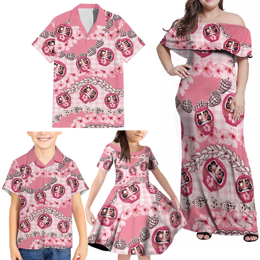 Japanese Daruma Doll Palaka Family Matching Off Shoulder Maxi Dress and Hawaiian Shirt Cherry Blossoms With Shell Lei LT14 - Polynesian Pride