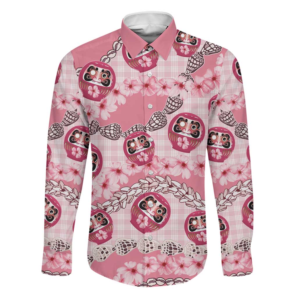 Japanese Daruma Doll Palaka Family Matching Off Shoulder Maxi Dress and Hawaiian Shirt Cherry Blossoms With Shell Lei LT14 Dad's Shirt - Long Sleeve Pink - Polynesian Pride
