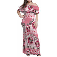 Japanese Daruma Doll Palaka Family Matching Off Shoulder Maxi Dress and Hawaiian Shirt Cherry Blossoms With Shell Lei LT14 Mom's Dress Pink - Polynesian Pride