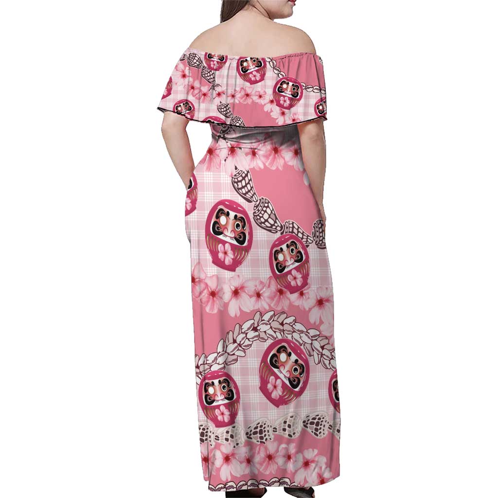 Japanese Daruma Doll Palaka Family Matching Off Shoulder Maxi Dress and Hawaiian Shirt Cherry Blossoms With Shell Lei LT14 - Polynesian Pride