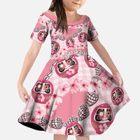 Japanese Daruma Doll Palaka Family Matching Off Shoulder Short Dress and Hawaiian Shirt Cherry Blossoms With Shell Lei LT14 Daughter's Dress Pink - Polynesian Pride