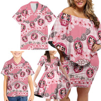 Japanese Daruma Doll Palaka Family Matching Off Shoulder Short Dress and Hawaiian Shirt Cherry Blossoms With Shell Lei LT14 - Polynesian Pride