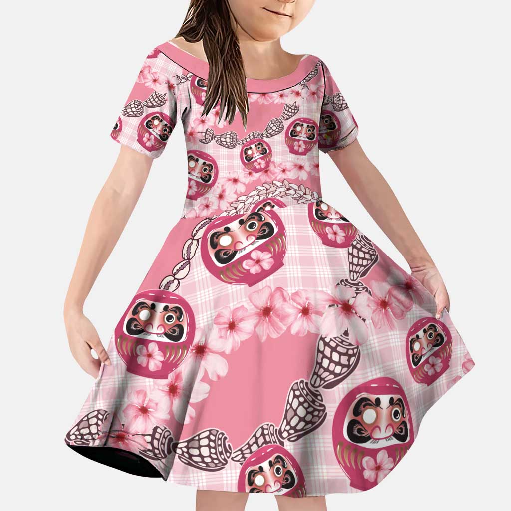 Japanese Daruma Doll Palaka Family Matching Short Sleeve Bodycon Dress and Hawaiian Shirt Cherry Blossoms With Shell Lei LT14 Daughter's Dress Pink - Polynesian Pride