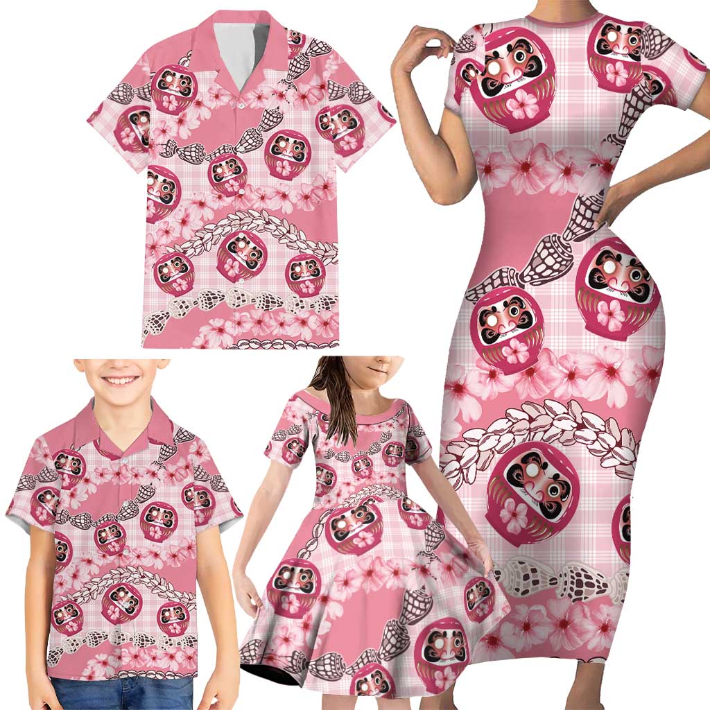 Japanese Daruma Doll Palaka Family Matching Short Sleeve Bodycon Dress and Hawaiian Shirt Cherry Blossoms With Shell Lei LT14 - Polynesian Pride