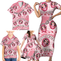 Japanese Daruma Doll Palaka Family Matching Short Sleeve Bodycon Dress and Hawaiian Shirt Cherry Blossoms With Shell Lei LT14 - Polynesian Pride