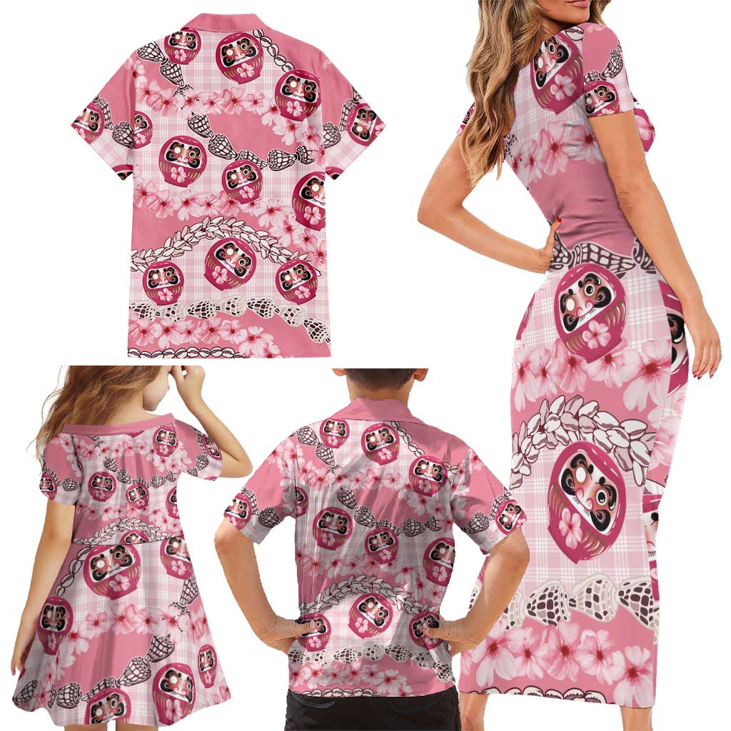 Japanese Daruma Doll Palaka Family Matching Short Sleeve Bodycon Dress and Hawaiian Shirt Cherry Blossoms With Shell Lei LT14 - Polynesian Pride