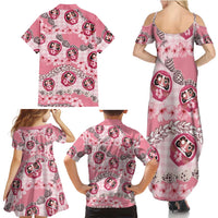 Japanese Daruma Doll Palaka Family Matching Summer Maxi Dress and Hawaiian Shirt Cherry Blossoms With Shell Lei LT14 - Polynesian Pride
