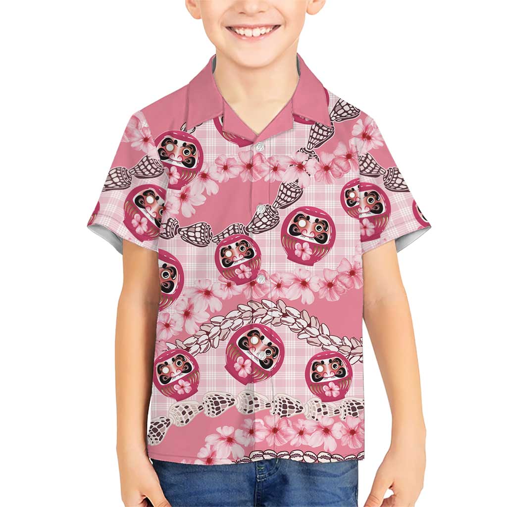 Japanese Daruma Doll Palaka Family Matching Summer Maxi Dress and Hawaiian Shirt Cherry Blossoms With Shell Lei LT14 Son's Shirt Pink - Polynesian Pride