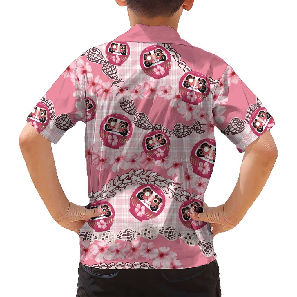 Japanese Daruma Doll Palaka Family Matching Tank Maxi Dress and Hawaiian Shirt Cherry Blossoms With Shell Lei LT14 - Polynesian Pride