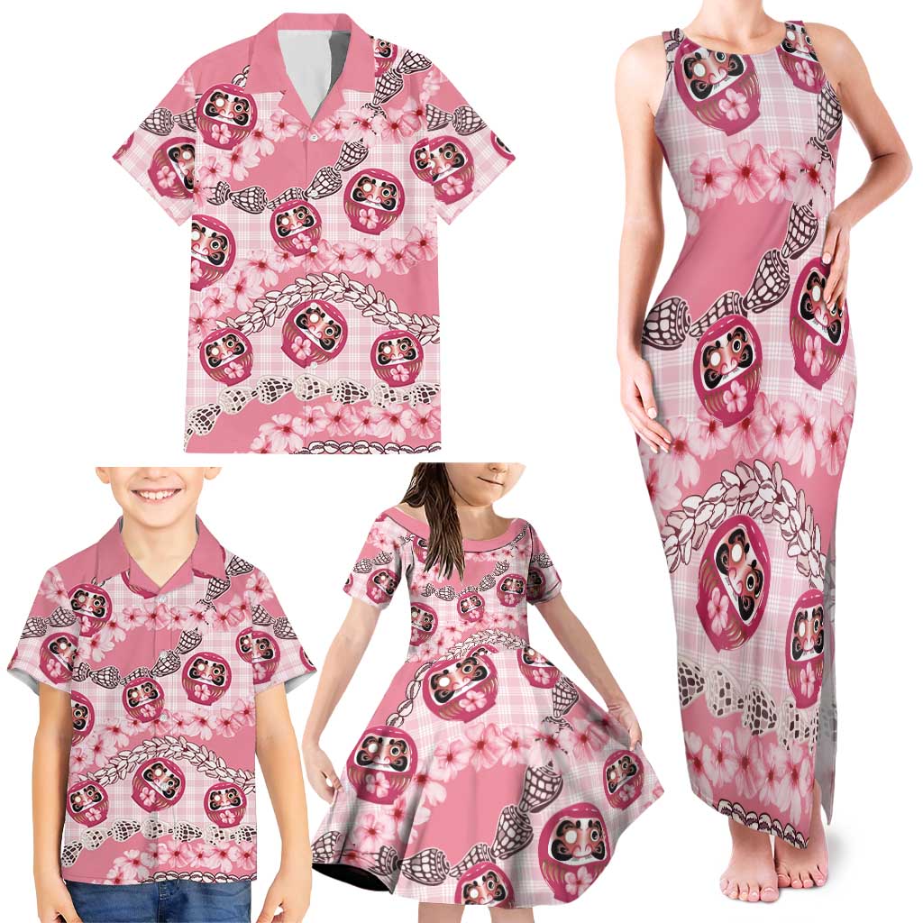 Japanese Daruma Doll Palaka Family Matching Tank Maxi Dress and Hawaiian Shirt Cherry Blossoms With Shell Lei LT14 - Polynesian Pride
