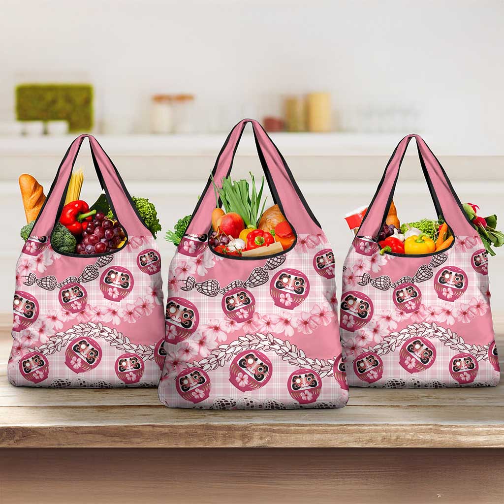 Japanese Daruma Doll Palaka Grocery Bag Cherry Blossoms With Shell Lei - Polynesian Pride