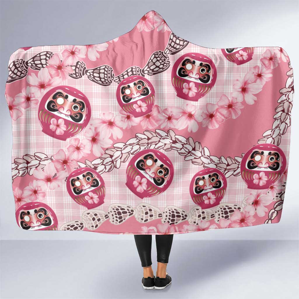 Japanese Daruma Doll Palaka Hooded Blanket Cherry Blossoms With Shell Lei - Polynesian Pride
