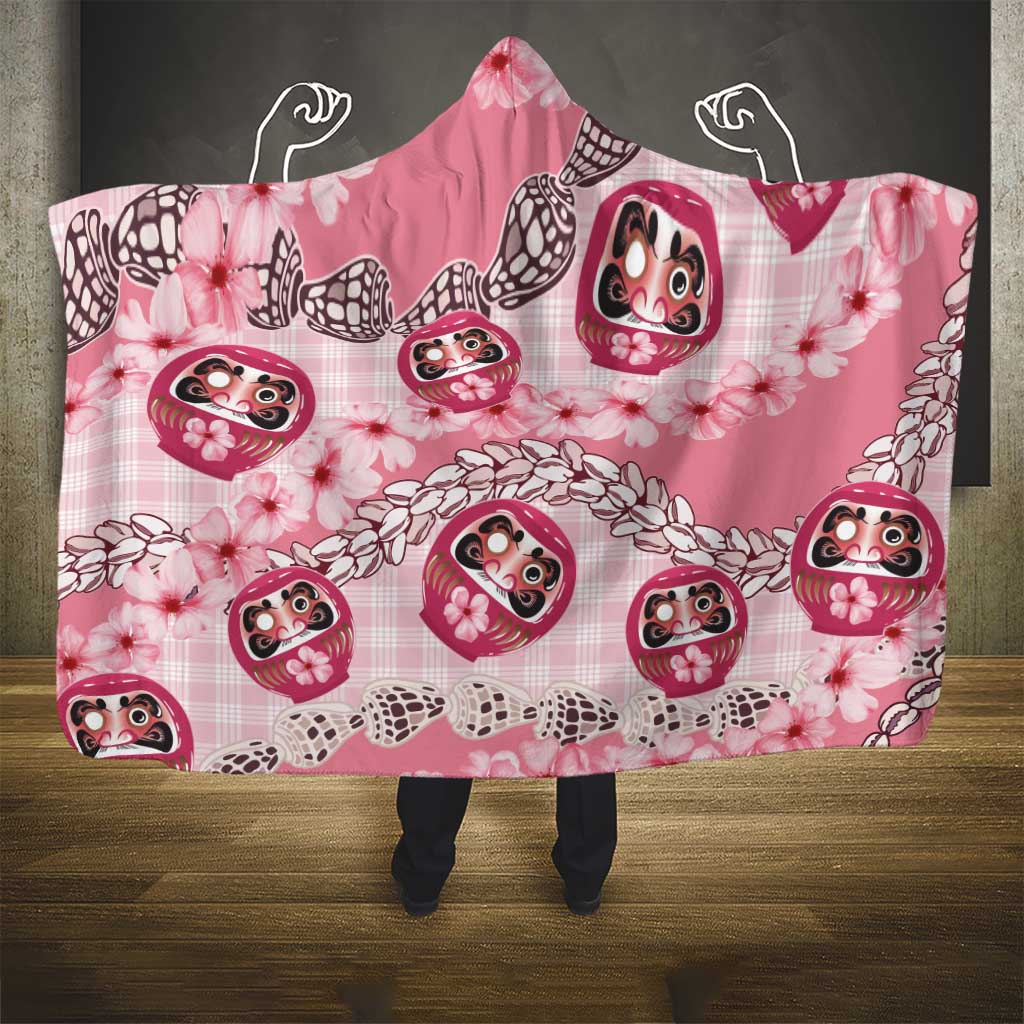 Japanese Daruma Doll Palaka Hooded Blanket Cherry Blossoms With Shell Lei - Polynesian Pride