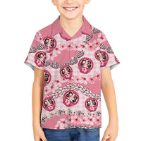 Japanese Daruma Doll Palaka Kid Hawaiian Shirt Cherry Blossoms With Shell Lei - Polynesian Pride