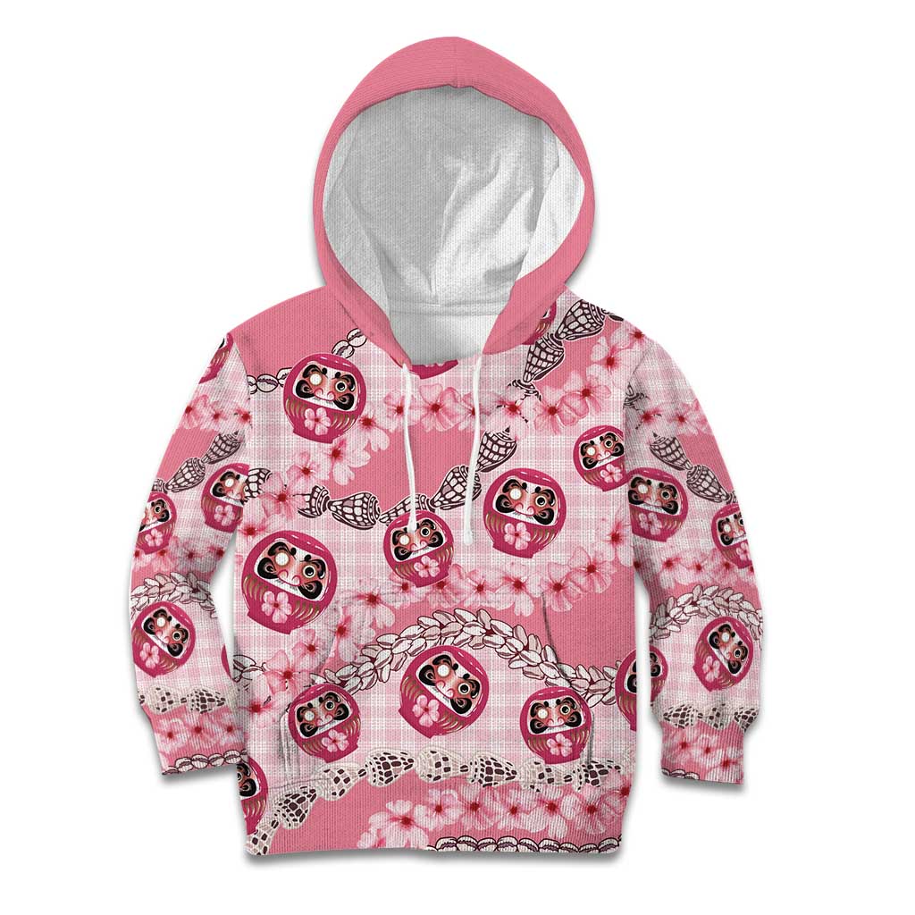 Japanese Daruma Doll Palaka Kid Hoodie Cherry Blossoms With Shell Lei - Polynesian Pride