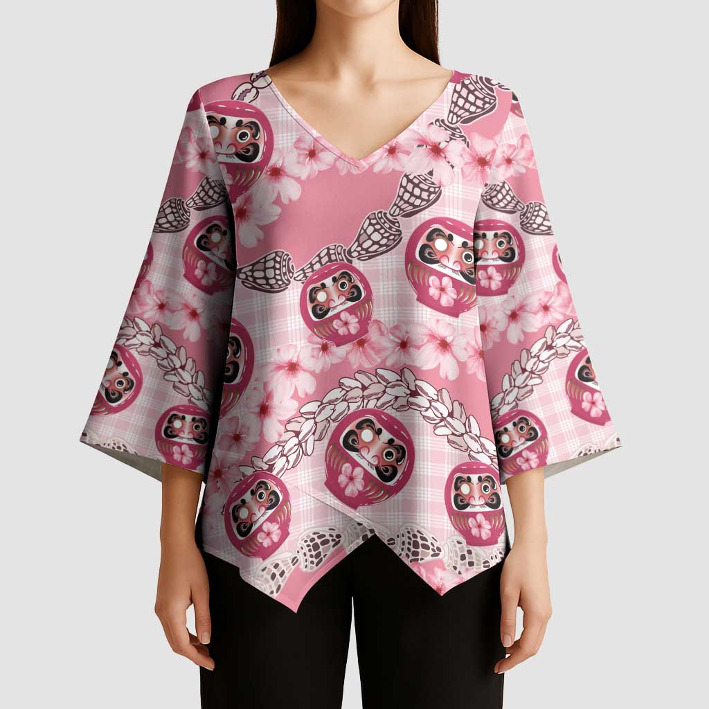 Japanese Daruma Doll Palaka Kimono Sleeve Blouse Cherry Blossoms With Shell Lei - Polynesian Pride