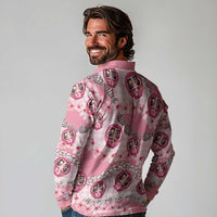 Japanese Daruma Doll Palaka Long Sleeve Polo Shirt Cherry Blossoms With Shell Lei - Polynesian Pride