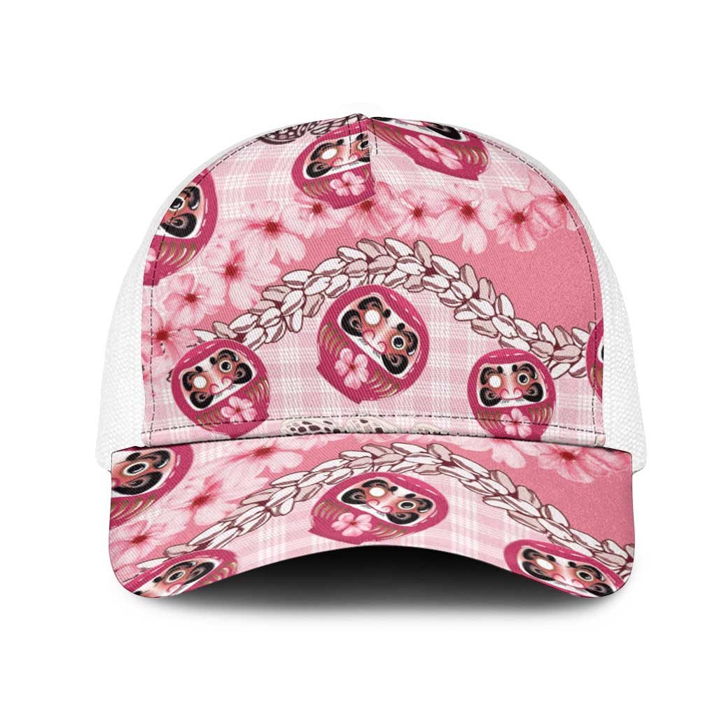 Japanese Daruma Doll Palaka Mesh Trucker Cap Cherry Blossoms With Shell Lei LT14 One Size White Pink - Polynesian Pride