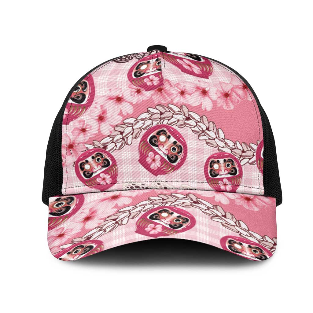 Japanese Daruma Doll Palaka Mesh Trucker Cap Cherry Blossoms With Shell Lei LT14 One Size Black Pink - Polynesian Pride