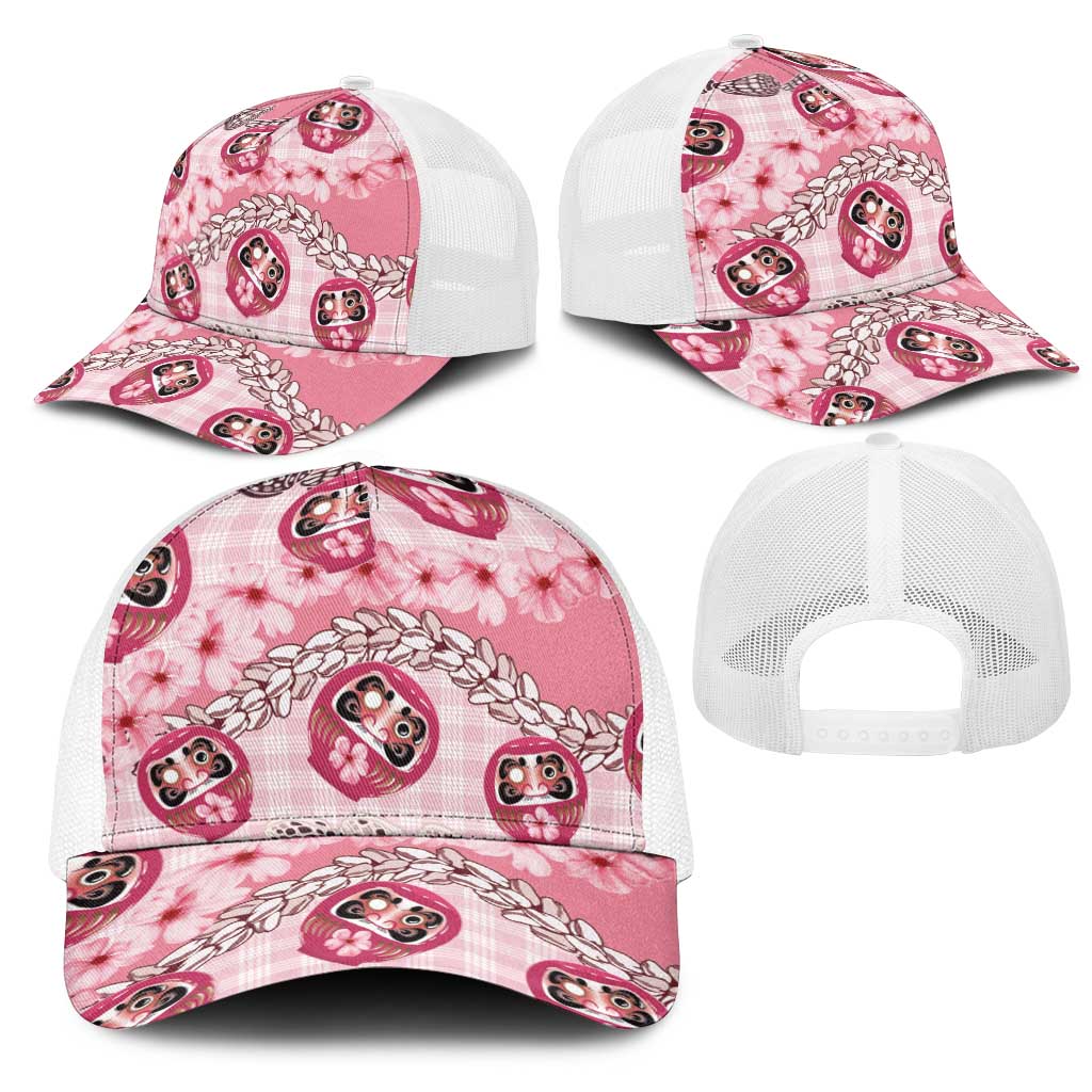 Japanese Daruma Doll Palaka Mesh Trucker Cap Cherry Blossoms With Shell Lei LT14 - Polynesian Pride