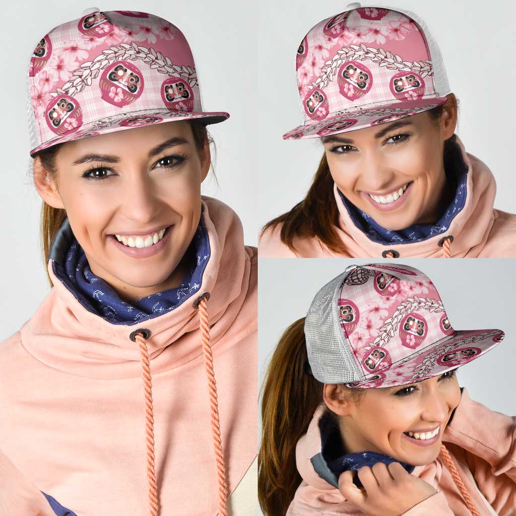 Japanese Daruma Doll Palaka Mesh Trucker Cap Cherry Blossoms With Shell Lei LT14 - Polynesian Pride
