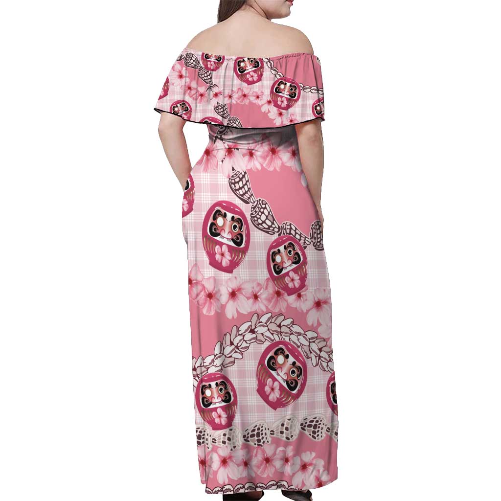 Japanese Daruma Doll Palaka Off Shoulder Maxi Dress Cherry Blossoms With Shell Lei LT14 - Polynesian Pride