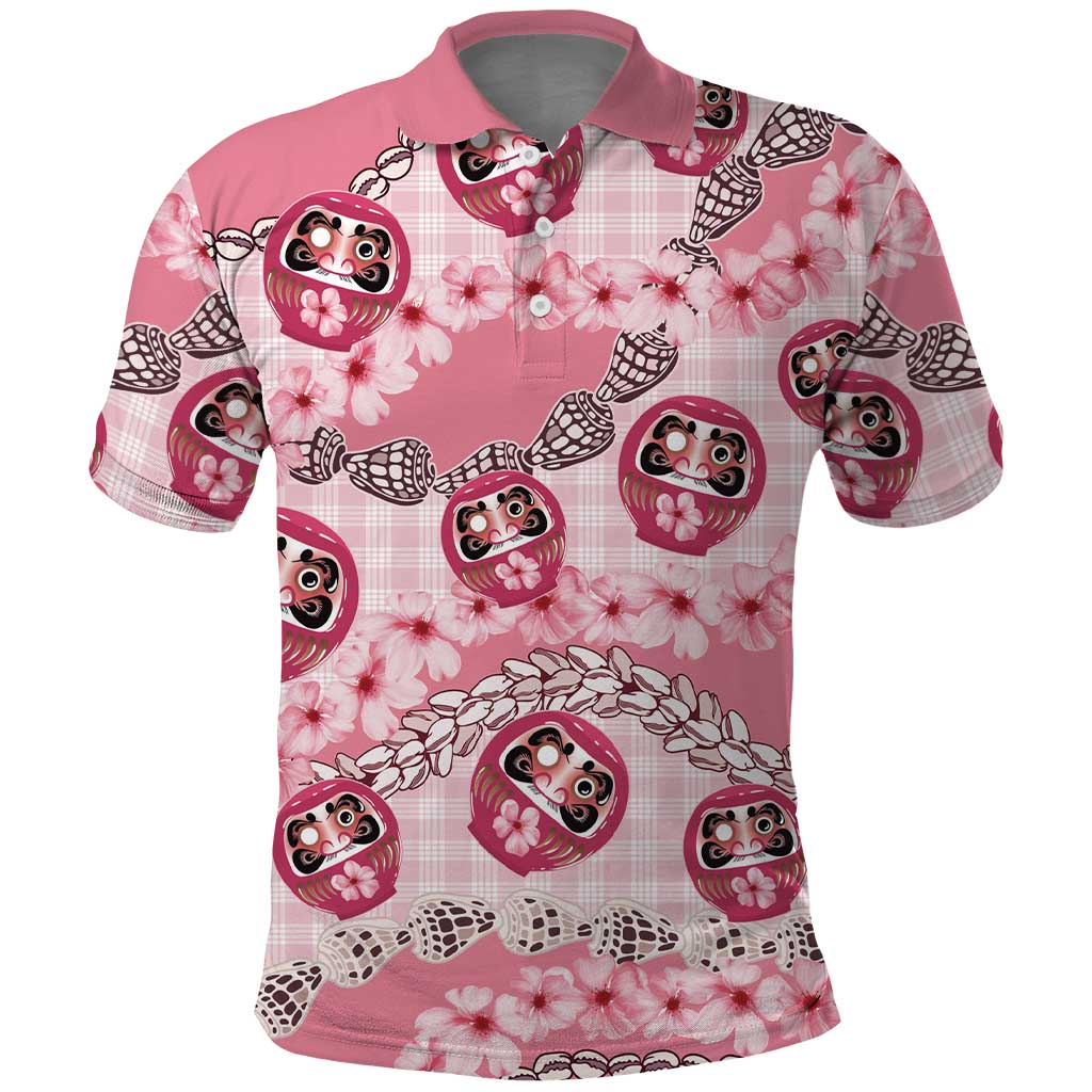Japanese Daruma Doll Palaka Polo Shirt Cherry Blossoms With Shell Lei LT14 Pink - Polynesian Pride