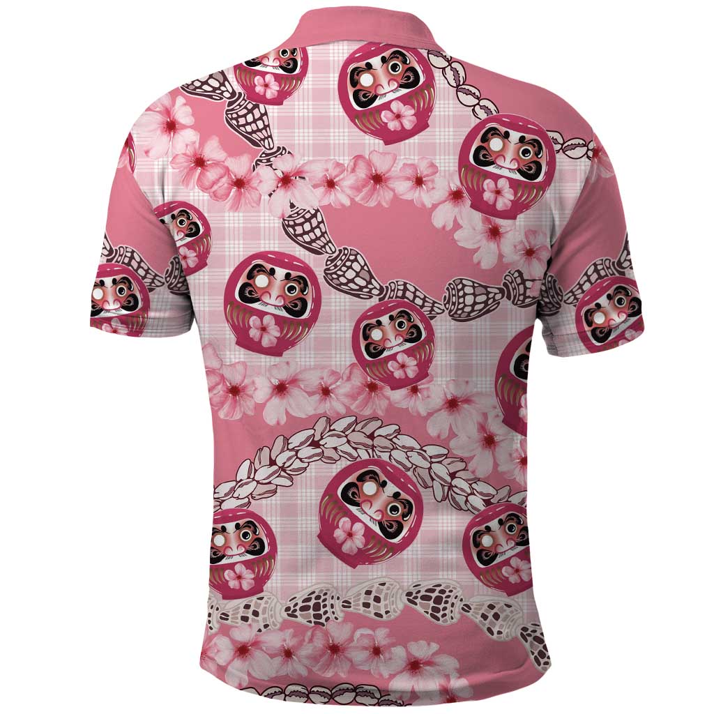 Japanese Daruma Doll Palaka Polo Shirt Cherry Blossoms With Shell Lei LT14 - Polynesian Pride