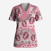 Japanese Daruma Doll Palaka Scrub Top Cherry Blossoms With Shell Lei - Polynesian Pride