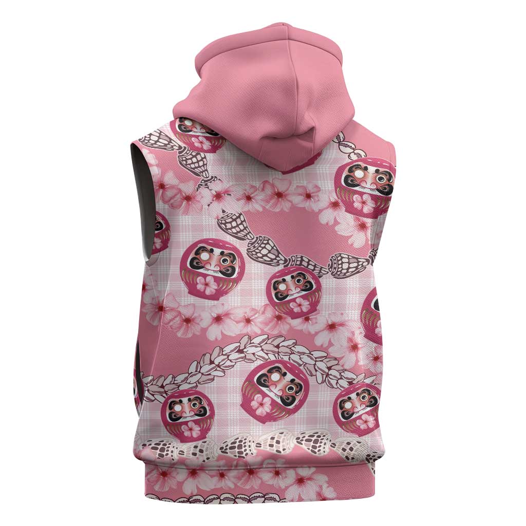 Japanese Daruma Doll Palaka Sleeveless Hoodie Cherry Blossoms With Shell Lei - Polynesian Pride