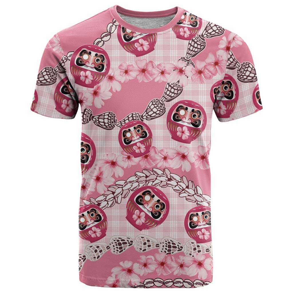 Japanese Daruma Doll Palaka T Shirt Cherry Blossoms With Shell Lei LT14 Pink - Polynesian Pride