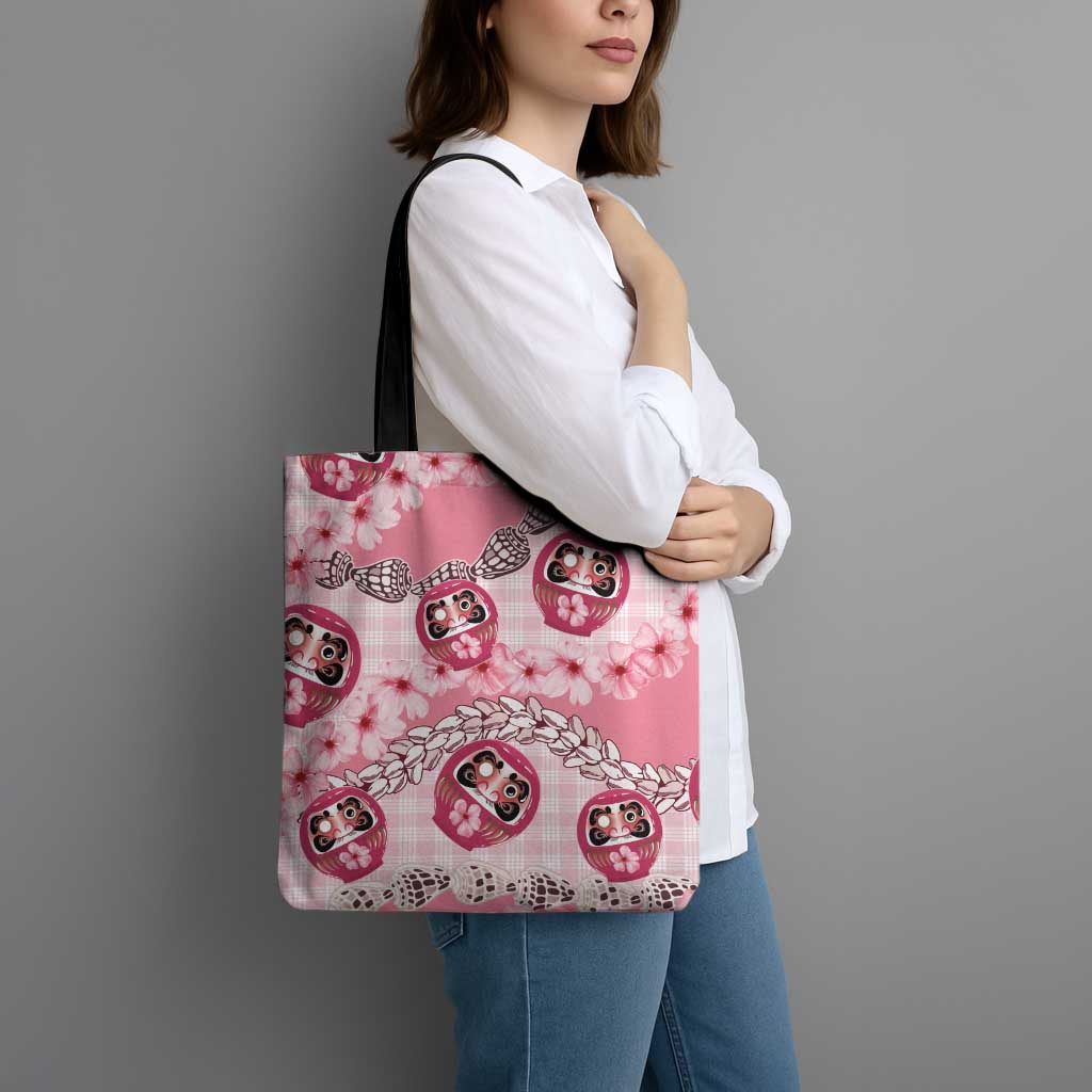 Japanese Daruma Doll Palaka Tote Bag Cherry Blossoms With Shell Lei - Polynesian Pride
