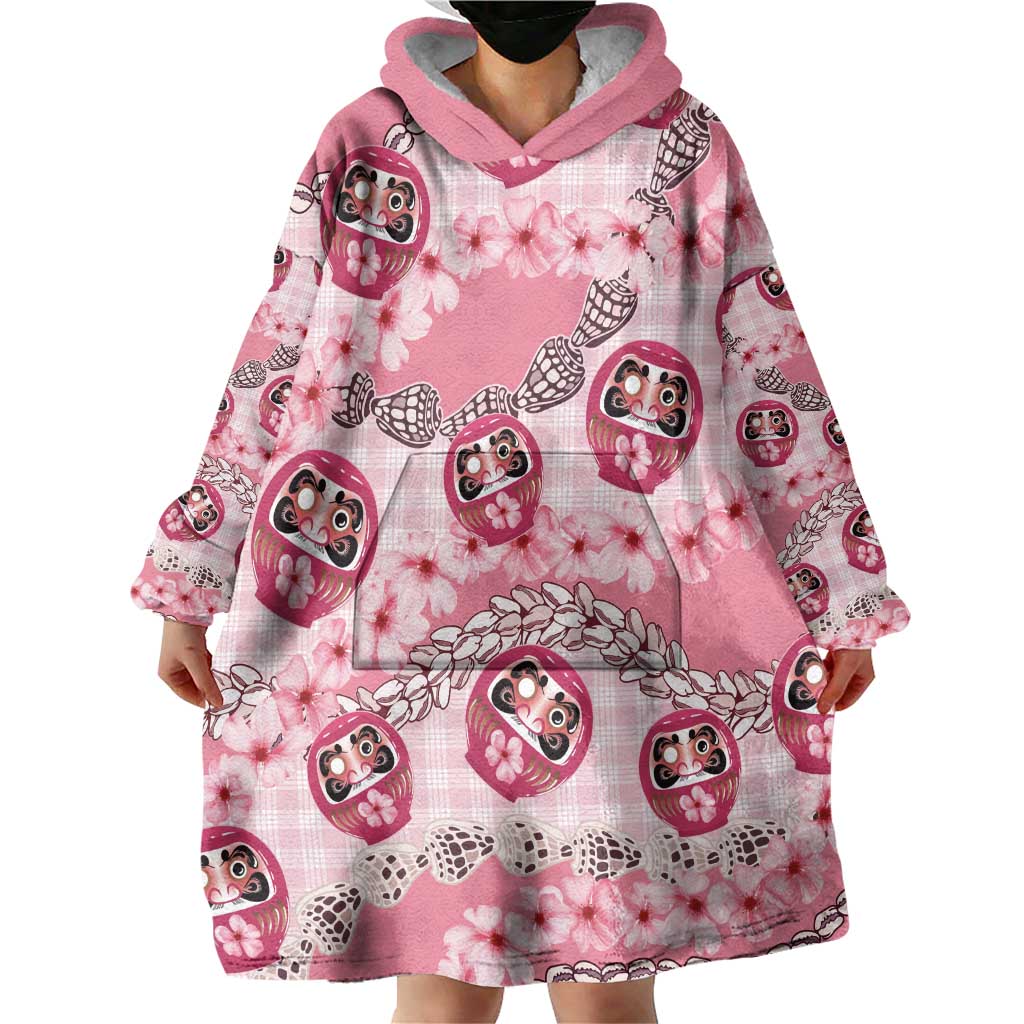 Japanese Daruma Doll Palaka Wearable Blanket Hoodie Cherry Blossoms With Shell Lei - Polynesian Pride