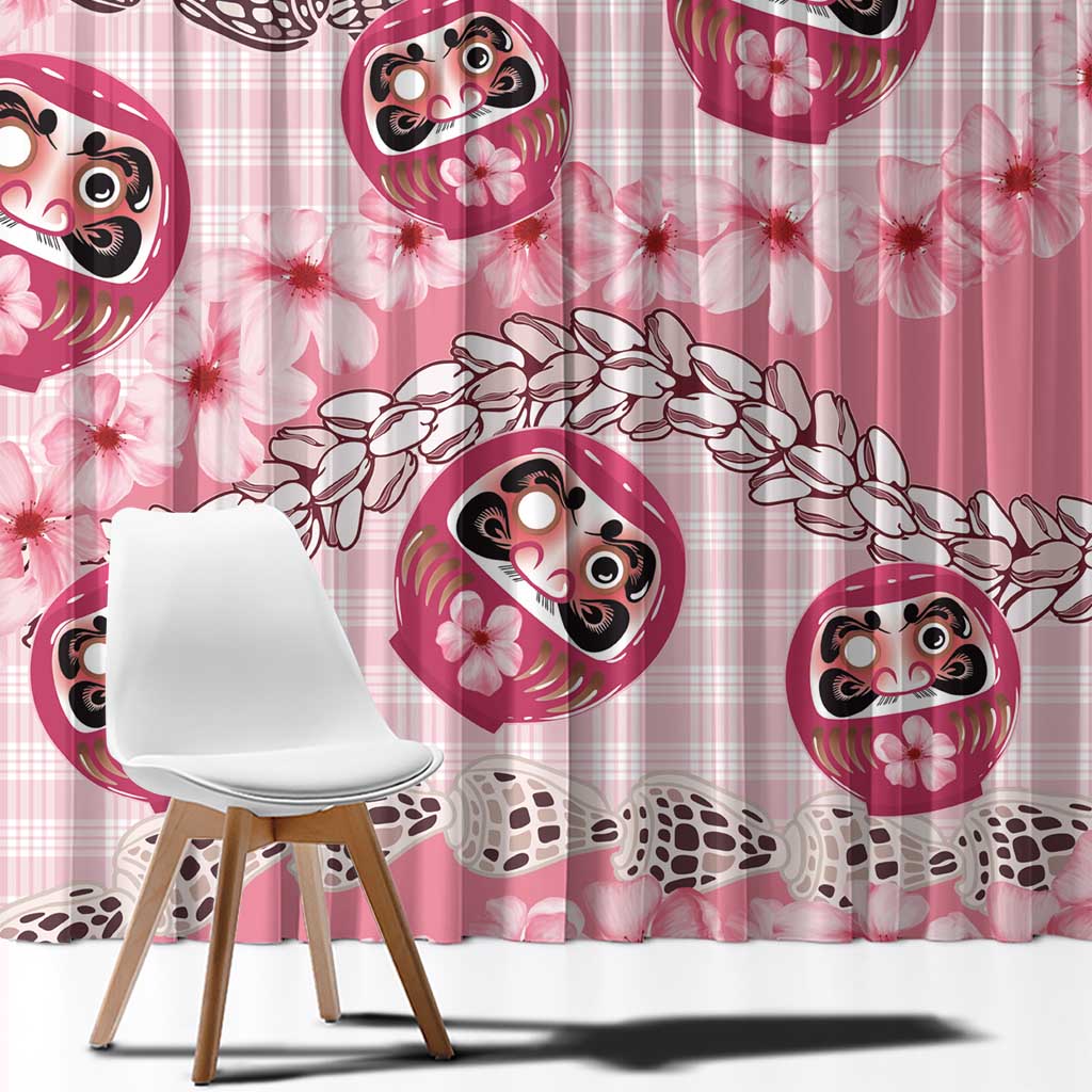 Japanese Daruma Doll Palaka Window Curtain Cherry Blossoms With Shell Lei - Polynesian Pride