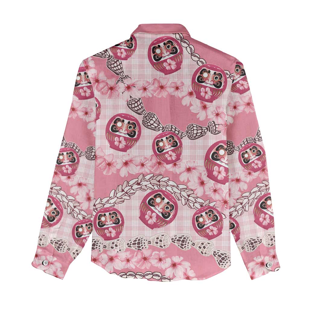 Japanese Daruma Doll Palaka Women Casual Shirt Cherry Blossoms With Shell Lei - Polynesian Pride