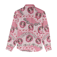 Japanese Daruma Doll Palaka Women Casual Shirt Cherry Blossoms With Shell Lei - Polynesian Pride