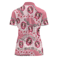 Japanese Daruma Doll Palaka Women Polo Shirt Cherry Blossoms With Shell Lei - Polynesian Pride
