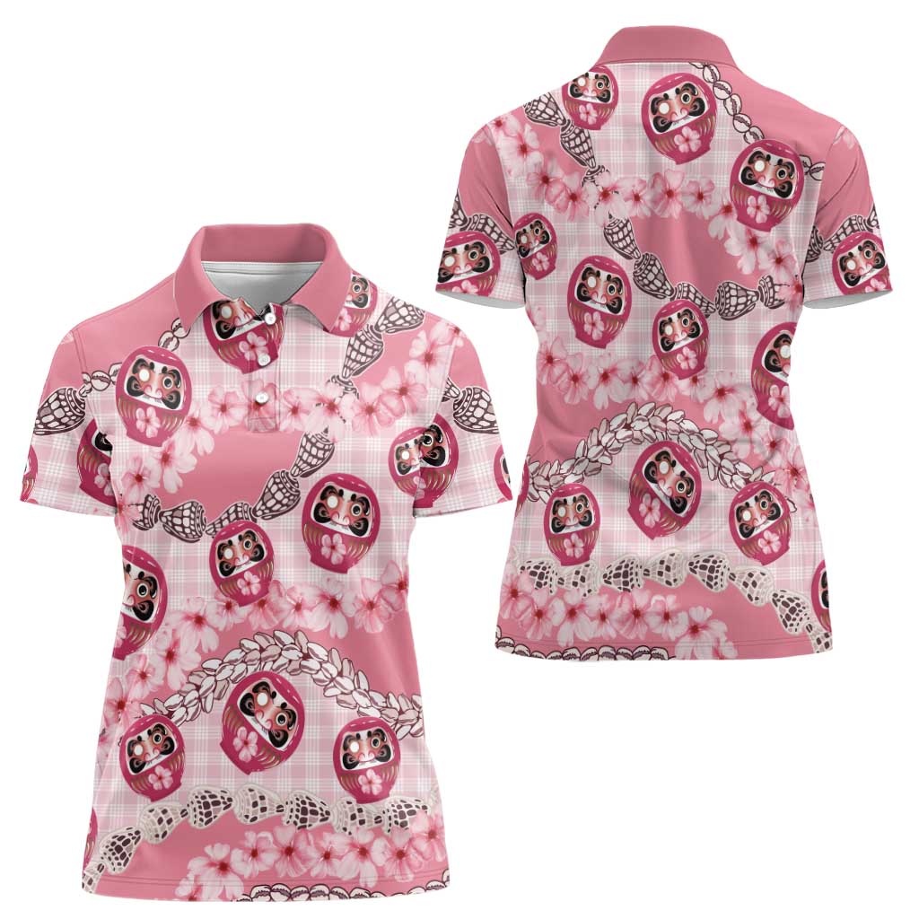 Japanese Daruma Doll Palaka Women Polo Shirt Cherry Blossoms With Shell Lei - Polynesian Pride