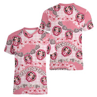 Japanese Daruma Doll Palaka Women V-Neck T-Shirt Cherry Blossoms With Shell Lei - Polynesian Pride