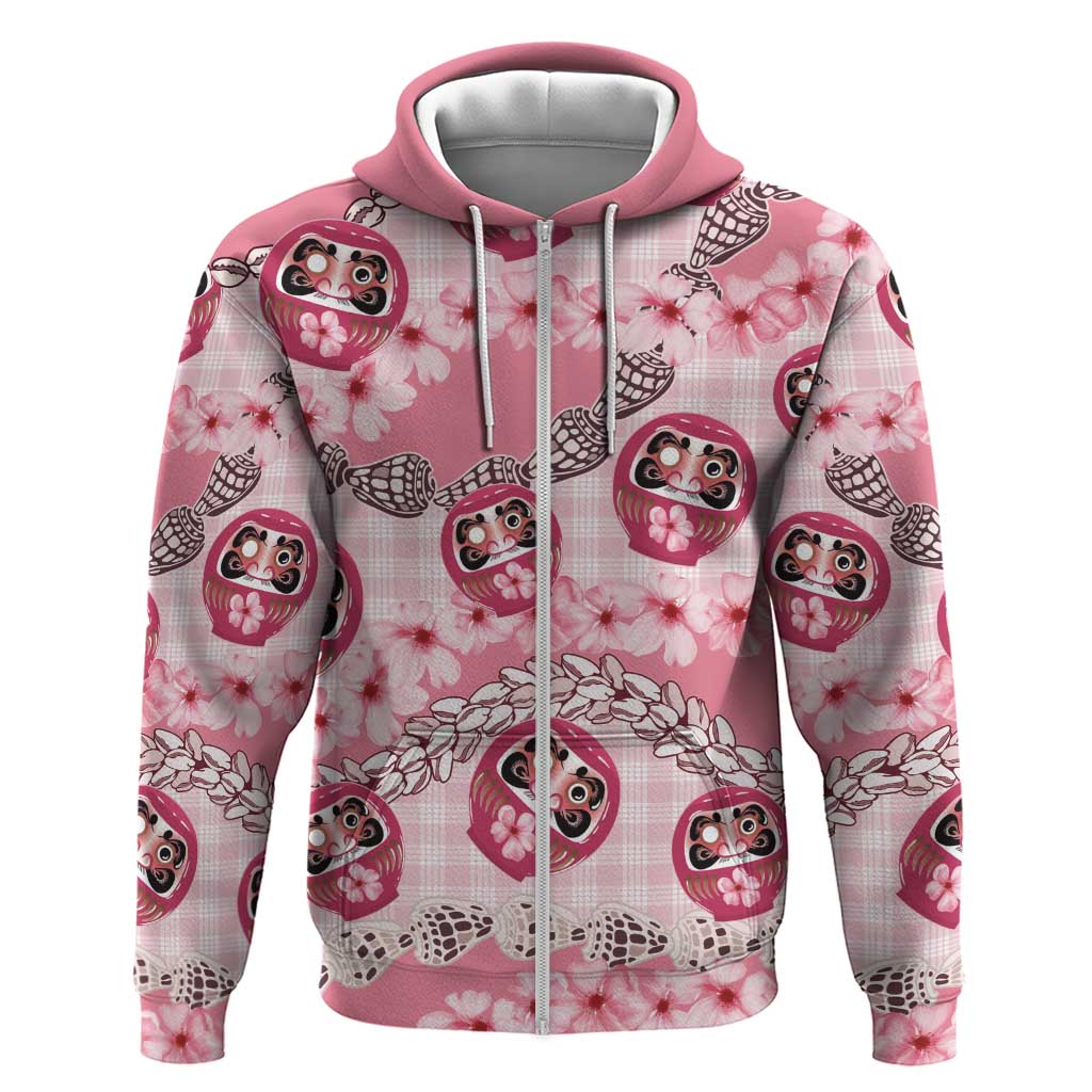 Japanese Daruma Doll Palaka Zip Hoodie Cherry Blossoms With Shell Lei LT14 Zip Hoodie Pink - Polynesian Pride