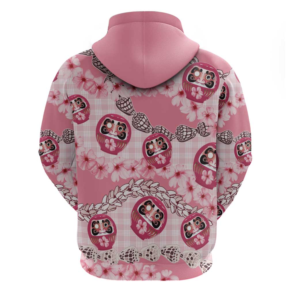 Japanese Daruma Doll Palaka Zip Hoodie Cherry Blossoms With Shell Lei LT14 - Polynesian Pride