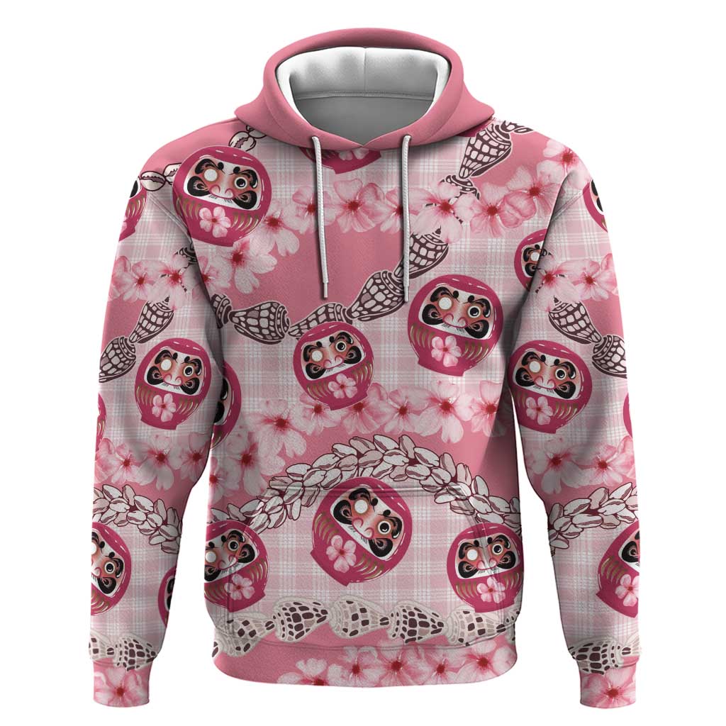 Japanese Daruma Doll Palaka Zip Hoodie Cherry Blossoms With Shell Lei LT14 Pullover Hoodie Pink - Polynesian Pride