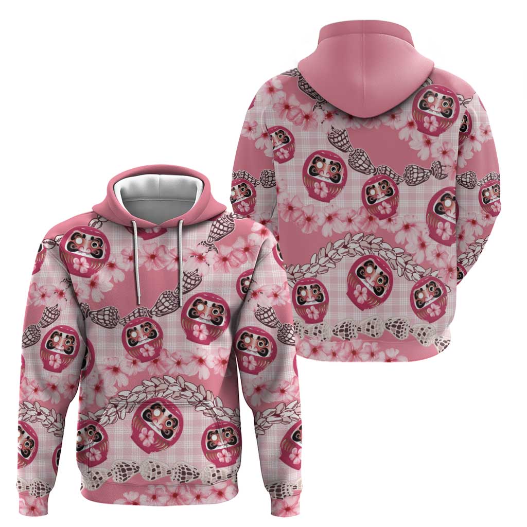 Japanese Daruma Doll Palaka Zip Hoodie Cherry Blossoms With Shell Lei LT14 - Polynesian Pride