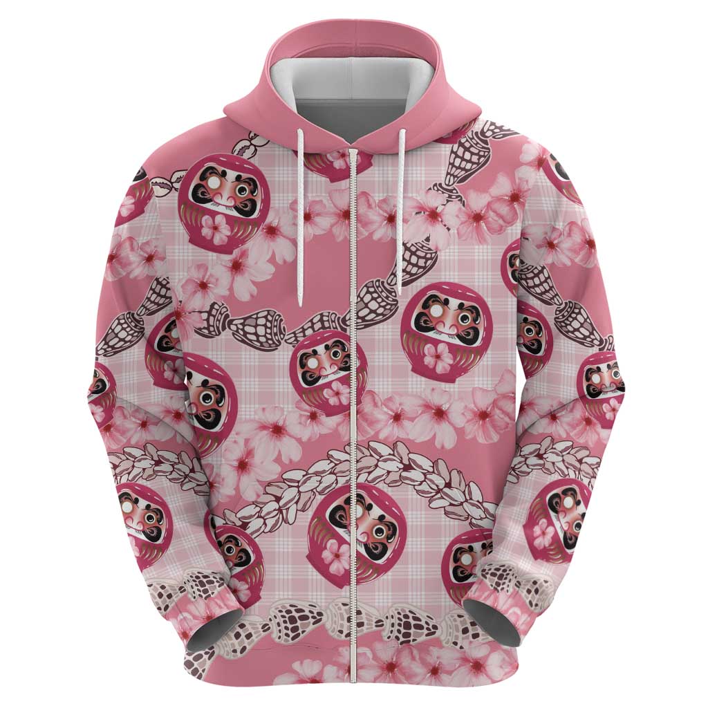 Japanese Daruma Doll Palaka Zip Hoodie Cherry Blossoms With Shell Lei LT14 - Polynesian Pride